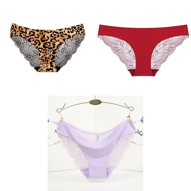 3pcs/set  Women's Seamless Underwear Leopard Intimate Women Sexy Lace Black Floral Panties Seamless Panty