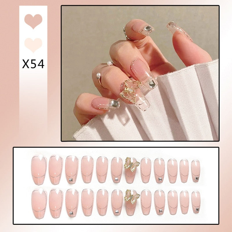 24pcs Glitter Gold Diamond False Nails French Butterfly Design Press on Nail Wearable Full Cover Acrylic Nail Tips for Girls