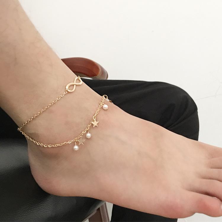 Simple Tassel Double Star Pearl 8 Word Female Anklet Barefoot Crochet Sandals Foot Jewelry New Ankle Bracelet Female Leg Chain