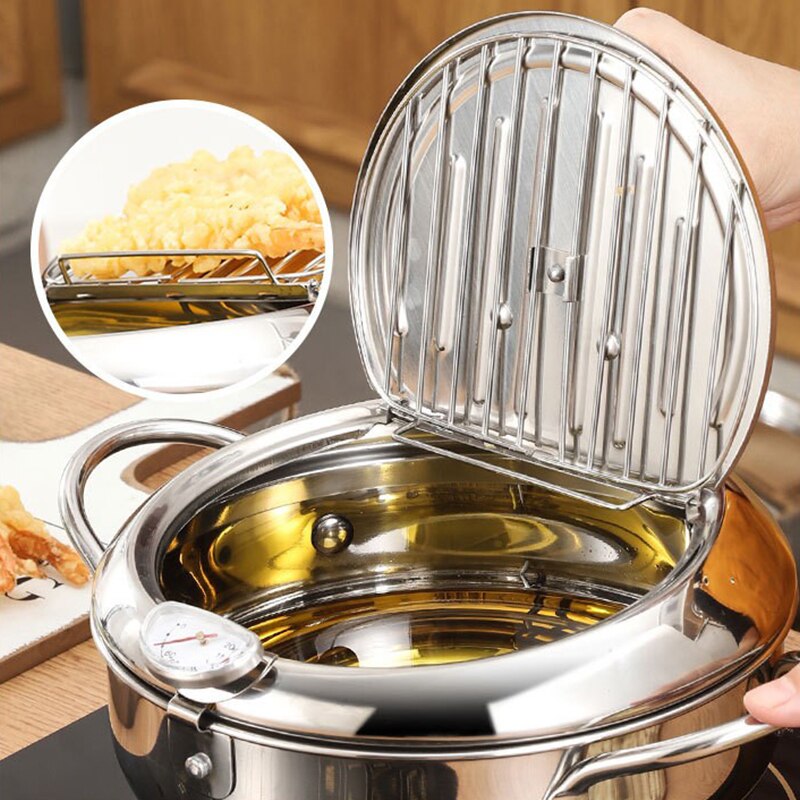 Stainless Steel Oil Pan Household Thermometer With Cover Tempura Oil Fryer Small Oil Saving French Fries Frying Pan