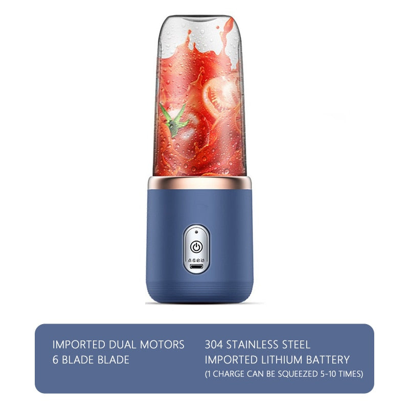 6 Blades Juicer Cup 400ML USB Smoothie Blender Cup Mini Charging Fruit Squeezer Food Mixer Ice Crusher Portable Wireless Juicers