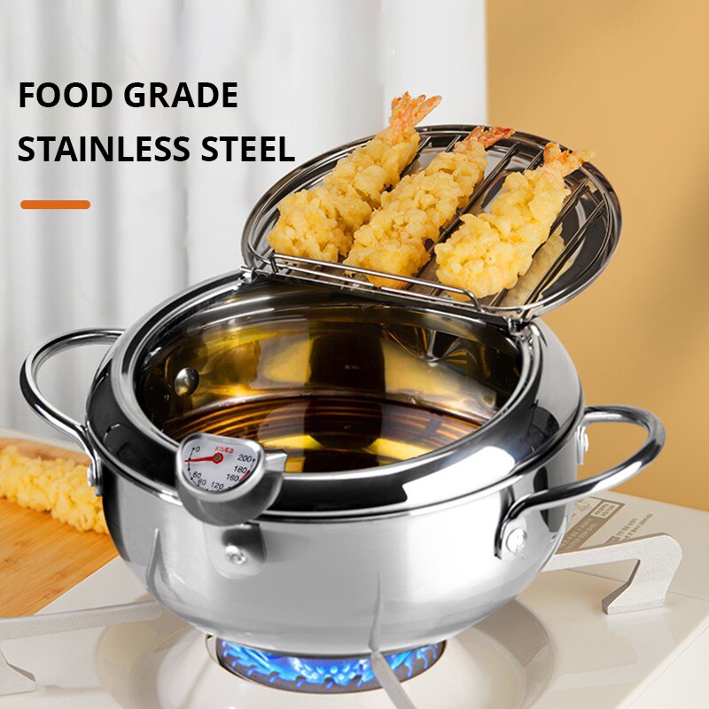 Stainless Steel Oil Pan Household Thermometer With Cover Tempura Oil Fryer Small Oil Saving French Fries Frying Pan